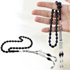 925 Ayar Gümüş Püsküllü Arpa Kesim İsim Yazılı Siyah Sıkma Kehribar Tesbih