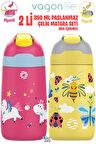 Vagonlife 2'Lİ SET 350 ML Çocuk Pipetli Çelik Matara Paslanmaz Çelik Termos 5 Farklı Renk 2055-350ML