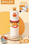 DILLER 480 ML Tek Kapak Çift Kullanım Pipetli/Pipetsiz Taşıma Kulplu Vacum Cup/Çelik Termos -FFD9231