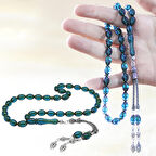 925 Ayar Gümüş Çift Püsküllü Arpa Kesim Turkuaz Ateş Kehribar Tesbih