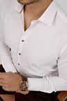 Beyaz Kahve Düğmeli Slimfit Gömlek