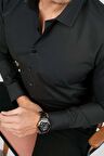 Kolay Ütülenebilir Dakron Düz Siyah Slimfit Gömlek