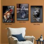 kırmızı rujlu wamp kadın yavru kedi ve kaplan tablosu 3 adet 35cmx50cm kumaş baskılı canvas tablo