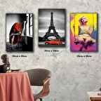 eyfel kulesi kırmızılı araba ve kadın tablosu 3 adet 35cmx50cm kumaş baskılı canvas tablo