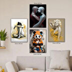 kadın aşk sarılmak panda giysili tabela HD baskılı 4lü kumaş baskı tablo resim