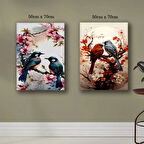 çifte eş kuşlar dallı çiçekli kanvas tuval tablo resim 2 adet 50x70 HD baskı