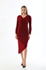 Kadın Asimetrik Uzun Elbise-Bordo