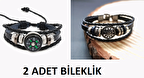 Çelik Deri Erkek Bileklik 2'li Set Pusula ve Okbaşı Model 20 cm / Diğeri Ayarlanabilir
