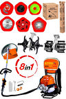 8IN1 Benzinli 20HPX Çim Çayır Ot Biçme Bahçe Bakımı Sırt Tipi Tırpan + 8'li Süper Set Çapa Başlığı