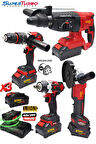 SüperRed Seri 4'lü Profesyonel x3 Akülü Hızlı Şarjlı Kırıcı Delici Taşlama Vidalama Somun Sökme Seti