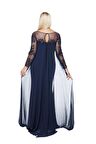 8028 Uzun Kollu Arkası Şifon Kuyruklu Abiye Elbise Lacivert