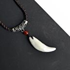 Doğal Tibet Beyaz Kurt Dişi Kolye Ayarlı Örgü İpli Metal Charm Boncuklu