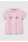 Kız Çocuk Pembe Simli Benetton Logo Baskılı T-Shirt