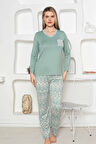 Etnik Desen Kadın Pijama Takımı - Uzun Kollu Likralı Penye Cepli Alt