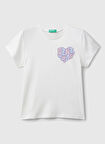 Benetton Baskılı Ekru Kız Çocuk T-Shirt 3I1XC10Q1