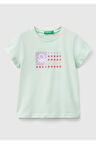 Kız Çocuk Su Yeşili Simli Benetton Logo Baskılı T-Shirt
