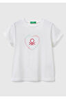 Kız Çocuk Beyaz Simli Benetton Logo Baskılı T-Shirt