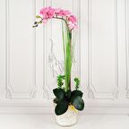 Yapay Çiçek Pembe Orkide Seramik Saksıda Tek Dal Orkide 60cm