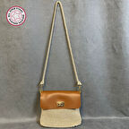 Uretti - Hülya 6683 5892 El Örgüsü Bej Makrome İp ve Taba Deri Kapaklı Kadın Omuz Çantası