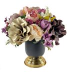 Yapay Çiçek Aranjmanı Gold-Siyah Metal Vazolu Nişan Çiçeği İsteme Çiçeği Masa Üstü Çiçeği Arajman arj142