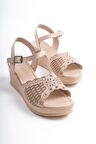Büyük Numara Kadın Deri Dolgu Taban Lazer Süslemeli Sandalet