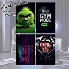 yeşil sevimli canavar gym mode gamer oyuncu - 4 adet yapışkanlı poster sticker etiketler - dolap cam oda için
