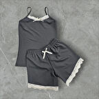 Kadın Fitilli İp Askılı Şortlu Takım Gecelik Pijama Takımı