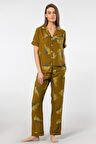Türen Kadın Desenli Kısa Kol Dokuma Pijama Takımı 3604/Haki
