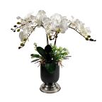 Yapay Çiçek Aranjmanı Metal Mat Siyah Gümüş Vazoda Beyaz Orkide Yapay Orkide Arajmanı 