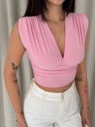 Linum Kadın Vatkalı Kolsuz V Yaka Drapeli Crop Bluz Likralı Fit - Pembe