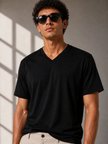 City Erkek V Yaka Basic Tişört Kısa Kol Yazlık Regular Fit T-Shirt - Siyah