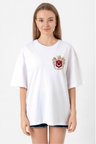 Akasya Türk Arma Baskılı Oversize Bisiklet Yaka Günlük T-shirt - Beyaz
