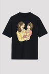 Yonca Anneler Günü Hediye Anne Kız Temalı Baskılı Oversize Bisiklet Yaka T-shirt - Siyah