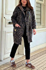 Kapşonlu Leopar Desenli Uzun Kaşe Ceket