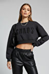 Kadın Antrasit Crop Sweatshirt , Yeni Sezon Pamuklu Yazı Detaylı Kadın Sweatshirt
