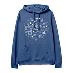 Social Media Baskılı Hoodie-Royal Mavi