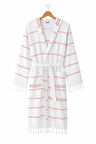 Kapşonlu Unisex Beyaz Çizgili Banyo Deniz Plaj Peştemal Bornozu %100 Pamuklu