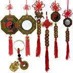 Feng Shui Şans ve Bereket Beşli Set Bagua Ayna Para Dragon ve Maneki Neko