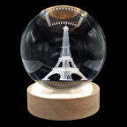 Eyfel Kristal Cam Küre 8cm Led Işıklı Usb Kablolu Ahşap Stantlı Gece Lambası