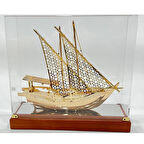 Pirinç Yelkenli Gemi Altın Kaplama Katar Dhow Teknesi Kutulu 29cm No.1