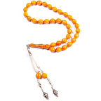 Beyzi Kesim 11x9 mm Hareli Sıkma Kehribar Alpaka Püsküllü Tesbih