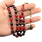 Özel Seri Arpa Kesim Gümüş Püsküllü 12x9 mm Ateş Kehribar Tesbih 