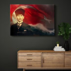 Dalgalı Bayrak - Kalpaklı Atatürk Portresi Kanvas Tablo