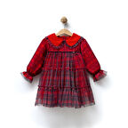 Kız Çocuk Uzun Kol Kadife Yaka Kırmızı Tüllü Elbise