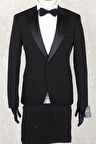 Jan Carlucci Slim Fit Saten Sivri Yaka-Çift Yırtmaç  Siyah Drop 6 Damatlık Smokin - Full Set Yelek, Gömlek, Papyon 