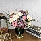 Yapay Çiçek Aranjmanı Metal Mat Siyah Altın Vazoda Özel Tasarım Latex Güller Ortancalar