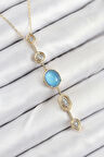 Pirinç Zincir Mavi Gold Renk Zirkon Taşlı Y Kolye