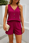 Kadın Askılı Kolsuz V Yakalı önden Düğmeli Bürümcük Bluz Ve Short Ikili Takım