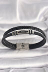 316L Çelik Gümüş Renk Aksesuarlı Çift Sıra Siyah Burgu Desenli Deri Kordon Erkek Bileklik