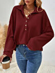 Kadın Uzun Kollu Yakalı Düğmeli Salaş Waffle Bluz